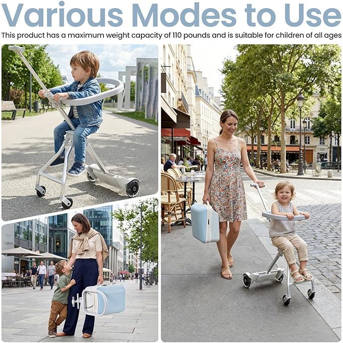 Kids Ride On Luggage with Seat, 20 inch Carry On Suitcase, 2-in-1 Children's Luggage with Spinner Wheels Detachable Seat and Safety Guardrail for Airplane & Travels