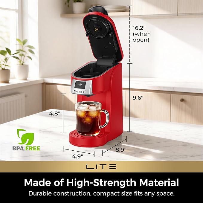 CHULUX Lite Single Serve Coffee Maker for K Cup Capsules, Single Cup Reservoir Coffee Maker with One Touch Brewing, 5 to 12 Oz Brew Sizes, Designed Specifically for Standard Mugs, Red