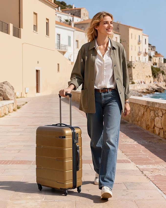 Coolife Medium Checked Luggage Hardside PC+ABS Suitcase with TSA Lock, Lightweight Rolling Carry On with Spinner Wheels(Black Brown, 24in)