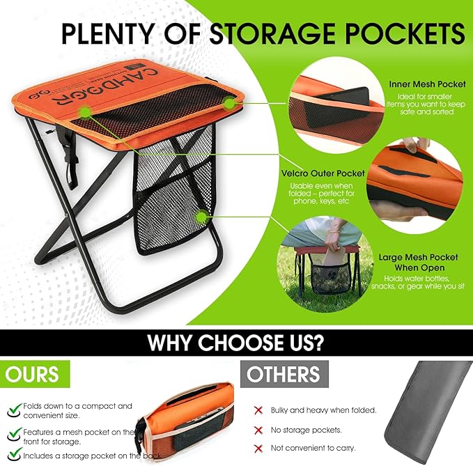 CAMDOOR Portable Collapsible Stool, 16″Folding Stool with 3 Side Pockets and Shoulder Strap, Extra Large Camping Chair Supports 400 lbs, Ultralight Portable Seat for Outdoor, Hiking, Fishing (Orange)