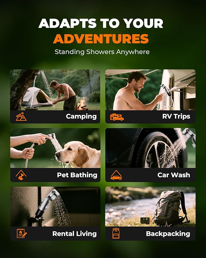 Portable Shower for Camping, Compact Outdoor Shower with Temperature Display & EPS, IPX7 Waterproof with 3-Mode Head, Rechargeable Shower Pump for Hiking, Beach, Pet, RV & Camp Accessories