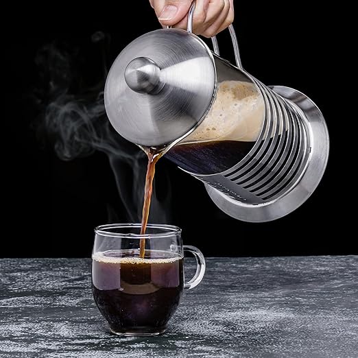 OVENTE French Press Coffee Maker 34 Ounce with Heat Resistant Borosilicate Glass, Stainless Steel Design and 4-Level Filter System, Portable Cold Brewer Pot for Travel, Camping or Gift, Silver FSH34S