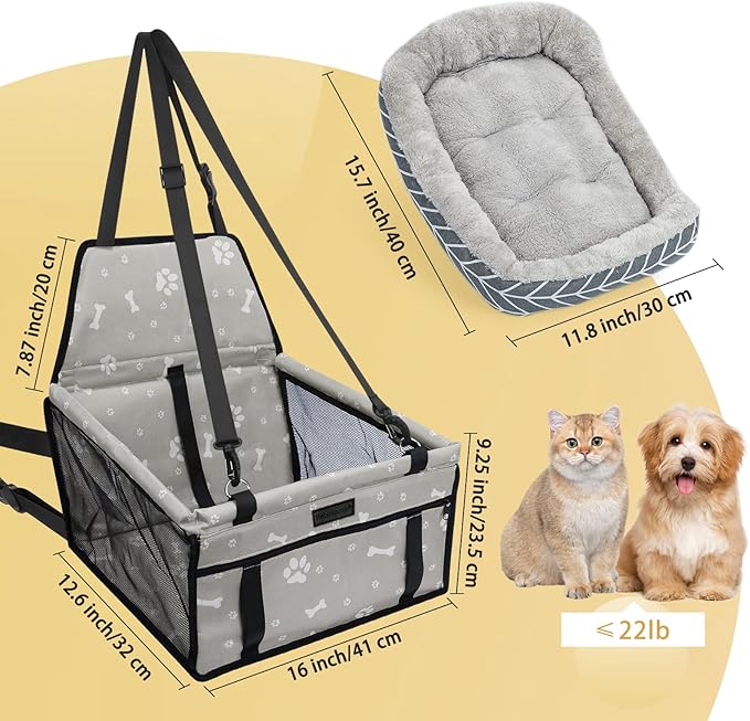Dog Car Seat Foldable Dog Car Booster Seat Waterproof Breathable Oxford Travel Bag for Small to Medium Dogs, Puppies, and Pets-Pattern Grey+Mat