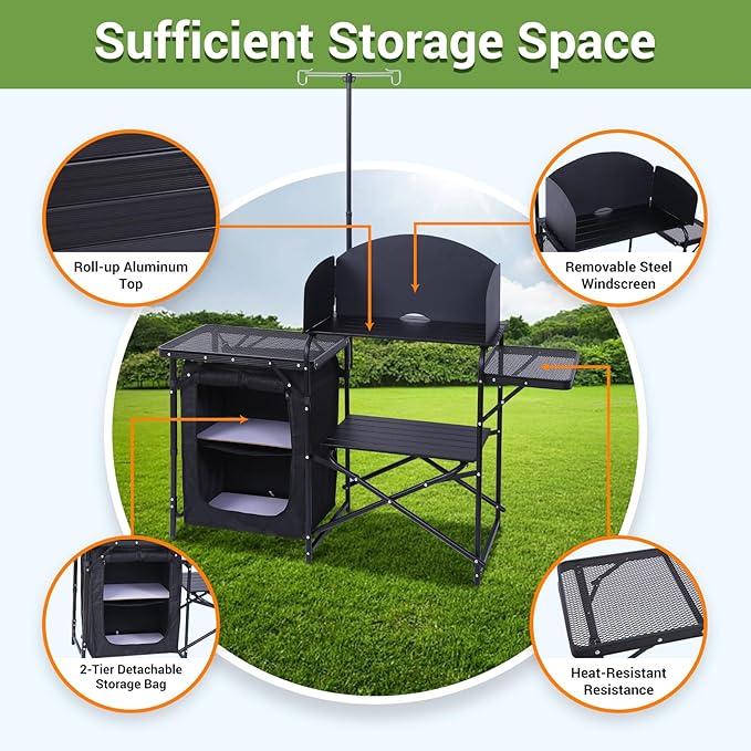 Nice C Camping Kitchen Station, Camping Table, Picnic Table, Portable Grill Table, Folding Cook Table, Upgrade Light Stand and Windshield Station & Organizers, Carry Bag for Beach, Picnic (Black)