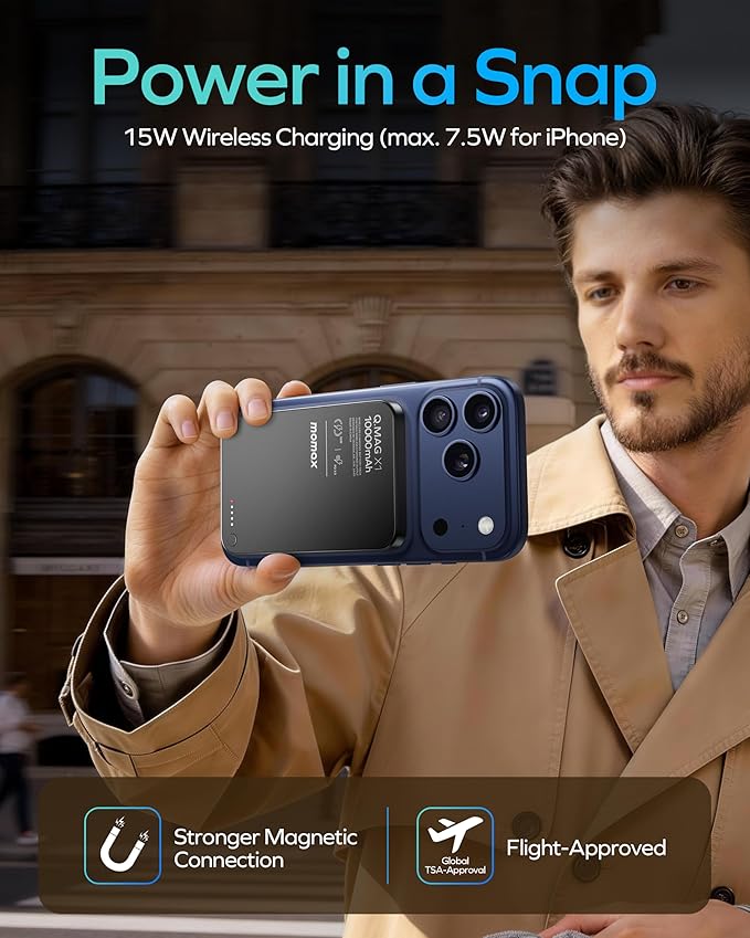 MOMAX Q.MAG Portable Charger Wireless 10000mAh, 0.5" Slim Power Bank Fast Charging Magnetic Battery Pack for iPhone Air/17 Pro Max/17 Pro/16/15/14/13/12 (1*USBC Port PD20W, No Lighting)