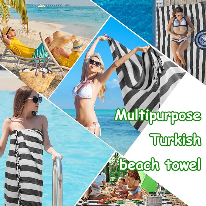 Set of 6 Turkish Beach Towel, Cotton Beach Towels, 36 x 71 Inches Turkish Towel, Sand Free, Quick Dry, Lightweight Beach Towels for Adult Black