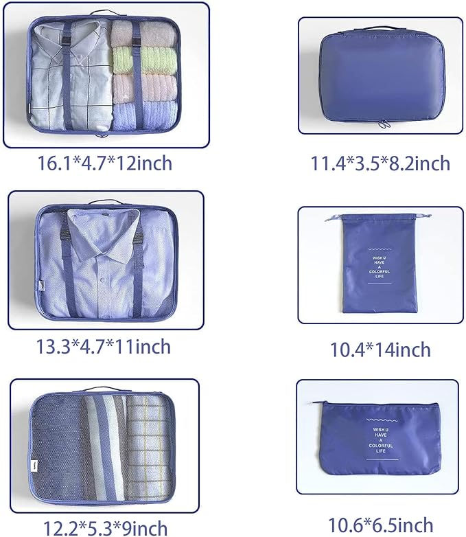 LANSKLBD 6 Set Packing Cubes for Travel, Luggage Organizers with Shoe & Toiletry Bags, Lightweight Suitcase Organizer for Carry-On, Washable Laundry Bags(Dark Blue)