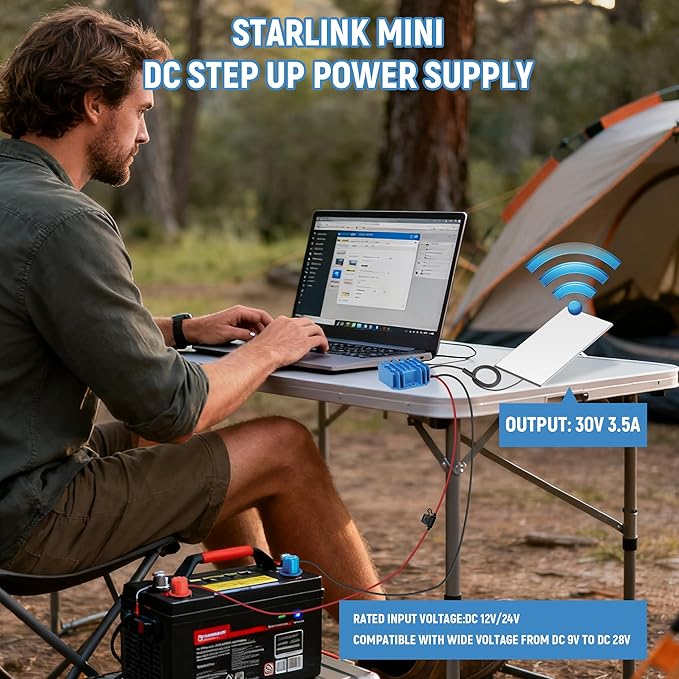 Starlink Mini 12V Adapter Power Cable, 12V/24V to 30V 3.5A DC Step Up Converter for Starlink Mini Power Supply with Female Plug, Compatible with Battery/RV/Yacht Off-Grid Power Solution