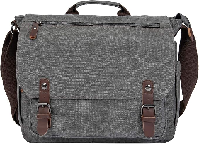 Vintage Genuine Leather Waxed Canvas Briefcase Large Satchel Shoulder Bag Rugged Computer 15.6" Laptop Bag
