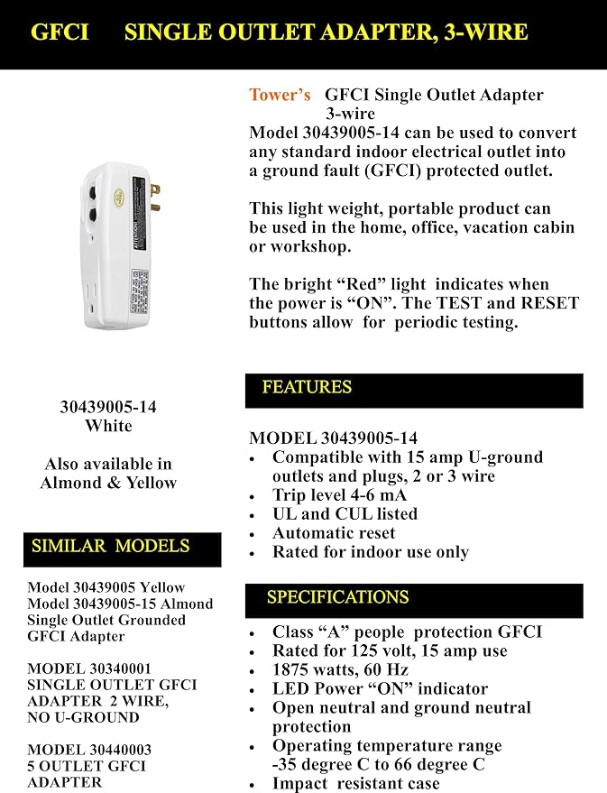 Tower Manufacturing 30439005-14 Auto-Reset 15 AMP Grounded 3-Prong GFCI Single Outlet Adapter, White