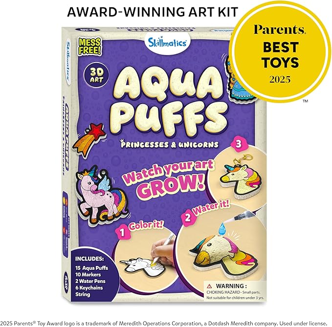 Skillmatics Aqua Puffs - 3D Art Kit, Princesses & Unicorns, Mess-Free Paint by Number Craft for Kids, DIY Color Activity, Screen-Free Fun, Best Gift for Girls & Boys Age 4, 5, 6, 7, 8, 9, 10