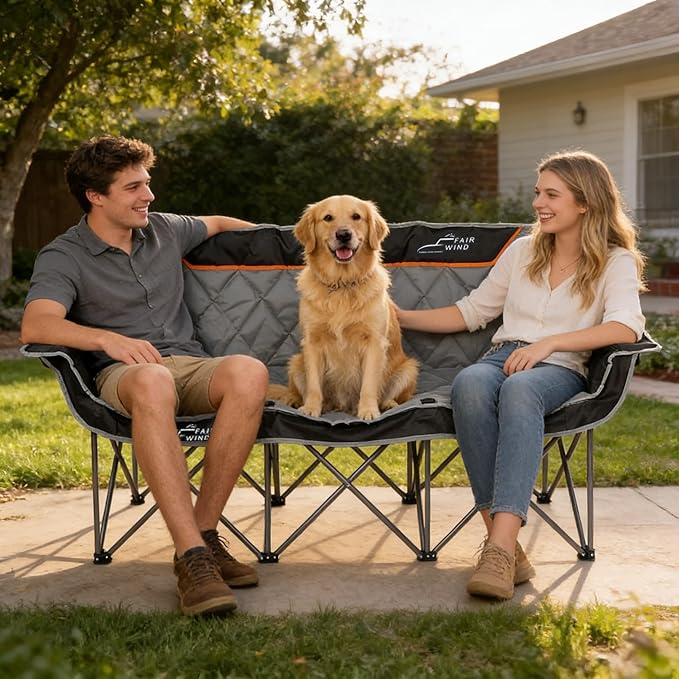 FAIR WIND Oversized 3 Person Camping Chair Padded Triple Loveseat Folding Camping Couch Duo Chair Heavy Duty Quad Fold Arm Chair with Cup Hold - Supports 900 LBS Black