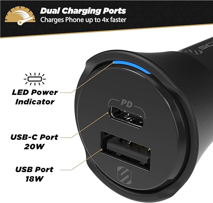 Scosche CPDCA38 38W USB-C Cigarette Lighter Adapter, Dual Car Charger with USB-A and USBC Fast Charging Port Compatible with iPhone 16/15/14/13/12, Samsung Galaxy S25/S24/S23 & Type-C Android Devices