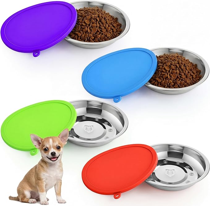 Patelai 8 Pcs Stainless Steel Dog Bowls with Silicone Lids Portable Food and Water Dishes for Pets Sealable Containers for 6.3" for Cats & Small Dogs (Red,Blue,Green,Purple)