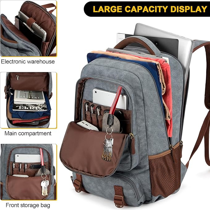 Tzowla Canvas Laptop Backpack, Bag for Men Women,Travel Work Rucksack Fits 15.6 Inch Laptop, Large Capacity Bookbag(Light Grey)