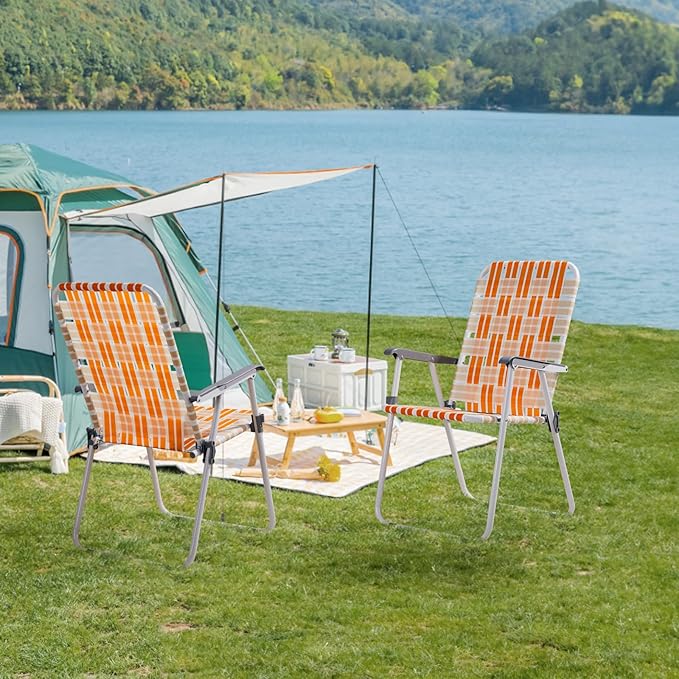 Folding Patio Lawn Webbed Chair Set of 2, Portable Outdoor Beach Chair for Adults, Camping Chair Steel Frame 300lbs Capacity for Yard, Garden Dining, Party, Picnic, 16.7" Seat Width