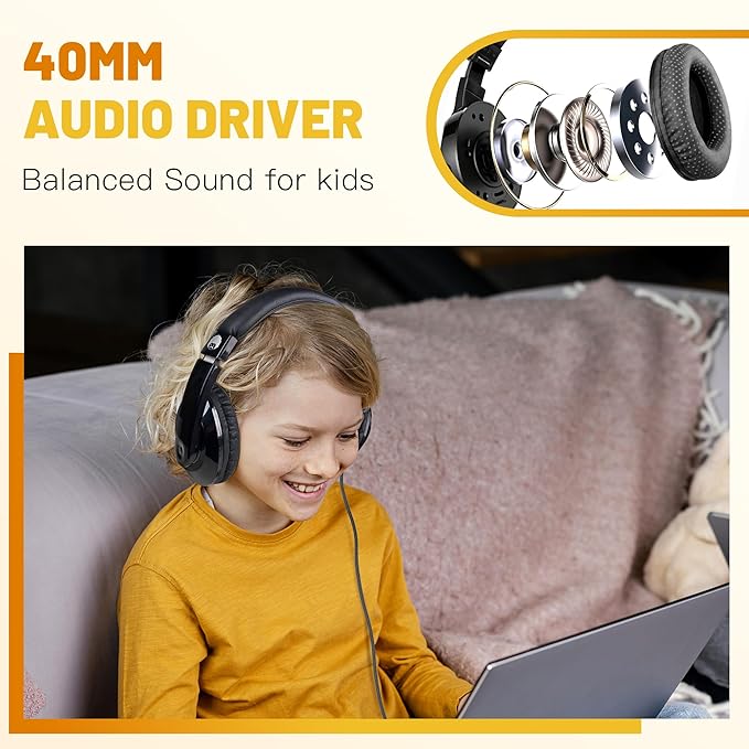 rockpapa Comfort Kids Headphones for School, Lightweight Foldable Portable Childs Boys Girls Teens Headphones Wired 3.5mm with 4.9ft Cord for Travel Airplane Tablet Phone Pad Laptop Black