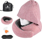 Travel Pillow - Hooded Neck Pillow Airplane Memory Foam Filling for Plane, Cars Sleeping, Road Trip, Long Flights, Portable Plane Accessories, Includes Eye Mask & Earplugs (Red)