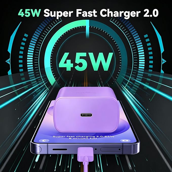 45W Super Fast Charger USB Type C Charger Cord 6.6FT with Android Phone Charger Fast Charging Block for Samsung Galaxy S26/S26 Ultra/S26+/S25/S25 Ultra/S25+/S24/S23/S22/S20/S21/Note 20/Note 10, Purple