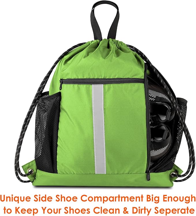BeeGreen Cinch Bag Backpack String Gym Sackpack with Shoe Compartment and Two Side Mesh Pockets Large Lightweight Portable Sport Drawstring Sack