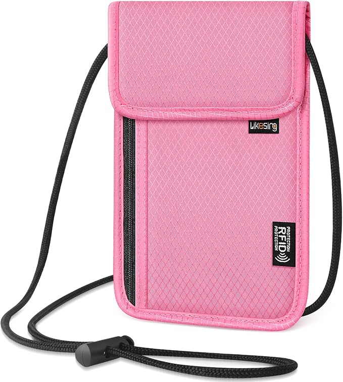 Likesing 5.5" L x 7.9" W Travel Neck Wallet, RFID Blocking Passport Holder for Travel Women Men, Security Lightweight Travel Wallet, Neck Passport Pouch Gifts for Traveling(Pink)