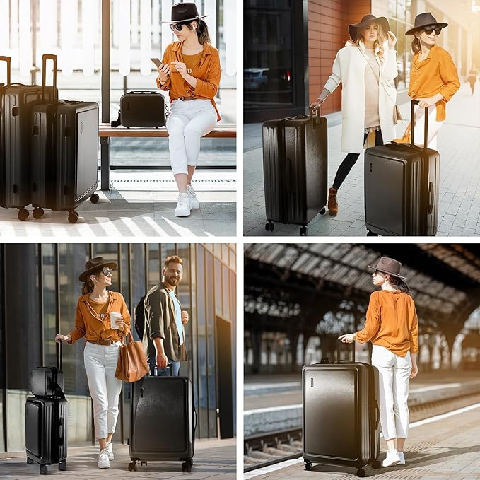 TRAVELARIM Black Hardshell Luggage Sets 4 Piece, Durable Suitcase Set, Travel Luggage Set with Integrated TSA Lock, 360° Spinner Wheels, Expandable Medium and Large Checked Suitcase, 20/24/28 Inch