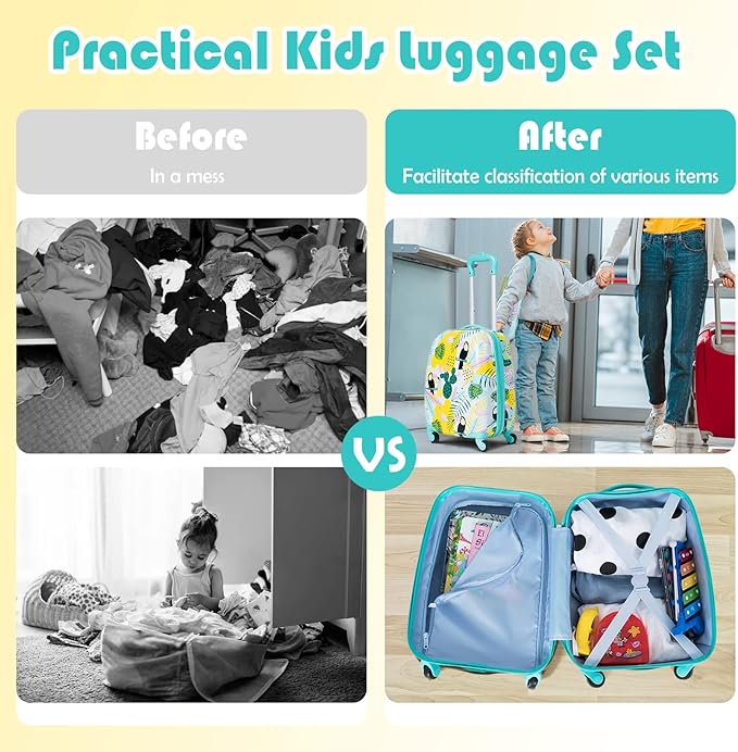 BABY JOY 2 PC Kids Luggage, 16" Toddlers Carry-on Suitcase & 12” Backpack Set, Children Travelling Case w/ 4 Casters & Retractable Handle, Lightweight Trolley Case for Boys & Girls (Flamingo)