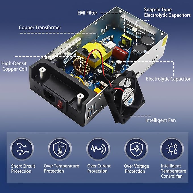 110V 120V to 12V Converter 50A 600W, AC to DC 12V Power Supply SMPS, 12 Volt DC Transformer High Current for LED Strip, 3D Printer, CCTV, Motor, Pump, Air Compressor(12V-50Amp-600W, 12V)