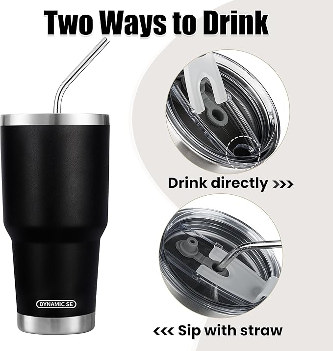 D·S 30 oz Black Tumbler Stainless Steel Double Wall Vacuum Insulated Mug with Straw and Lid, Cleaning Brush for Cold and Hot Beverages