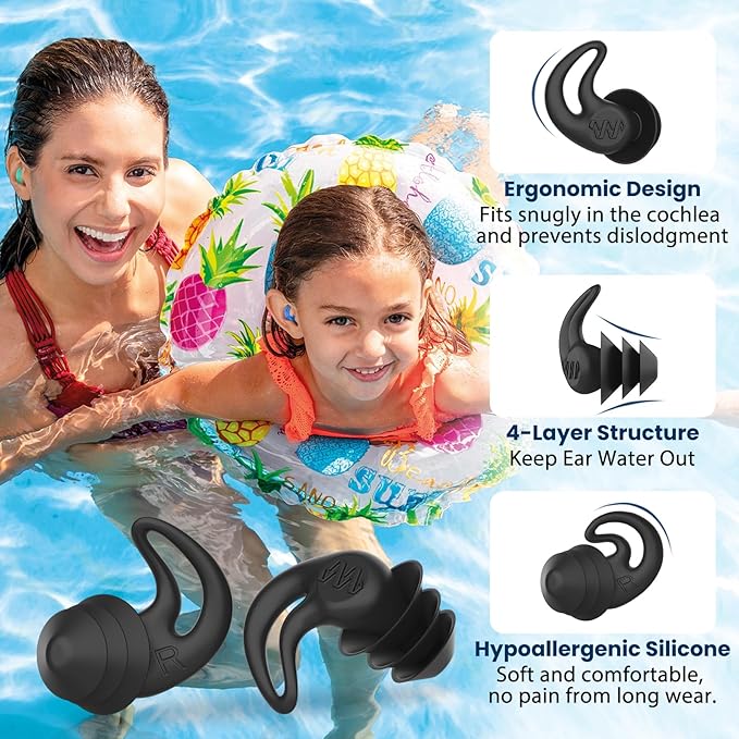 Waterproof Swimming Ear Plugs - 4 Pairs Reusable Silicone Showering Ear Plugs for Adults Kids, Ideal for Swimming, Surfing, Water Sports (Adults- Black, Green & Kids- Black, Blue, 1 Pair (Pack of 4))
