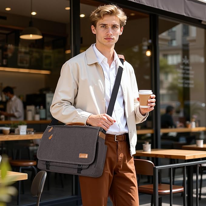ESTARER Men Messenger Bag 17-17.3 Inch Laptop Bag Water-resistant Canvas Computer Shoulder Bag Briefcase for Work College Travel, Grey