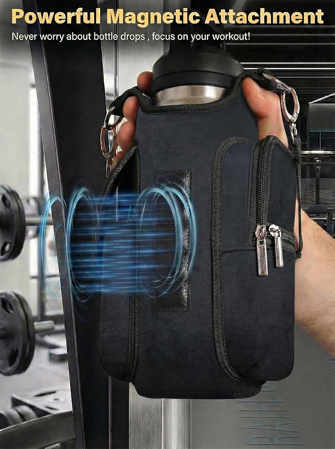 Magnetic Gym Tote Bag Holder for 18-40 oz Water Bottle,Neoprene Pouch with Phone Pocket,Men Women Workout Accessories