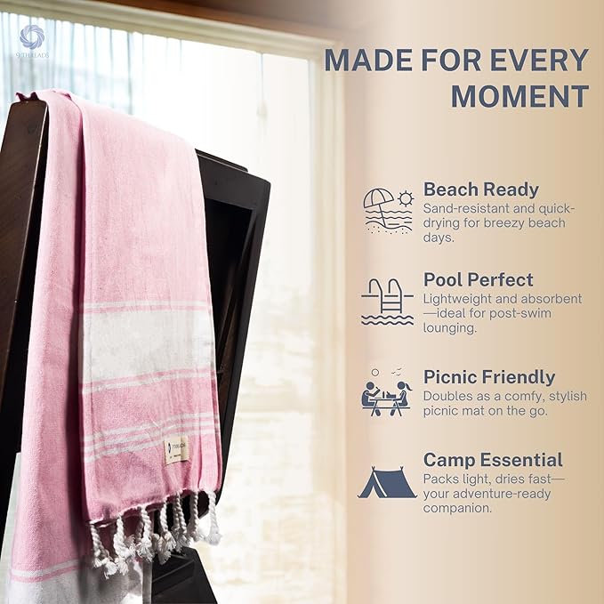 Cotton Turkish Beach Towel with Towels Oversized 36"x72" Pool Absorbent Extra Large Quick Dry Sand Travel Towel (Pink, 2 Pack)