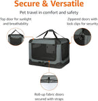 Amazon Basics 4-Door Portable Folding Soft Dog Crate, Collapsible Travel Kennel for Cat, Dog, and Small Animals, Pop Up with Fleece Mat, Water-Resistant Base, Grey, 36" x 24" x 24"