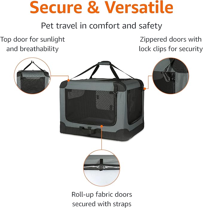 Amazon Basics 4-Door Portable Folding Soft Dog Crate, Collapsible Travel Kennel for Cat, Dog, and Small Animals, Pop Up with Fleece Mat, Water-Resistant Base, Grey, 36" x 24" x 24"