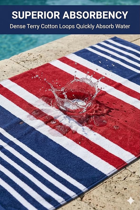 Premium Terry Cabana Beach Towel 2 Pack, 30” x 60” Soft Absorbent Cotton Pool Towel, Quick Dry Towel for Beach and Pool (Mariner Stripes)