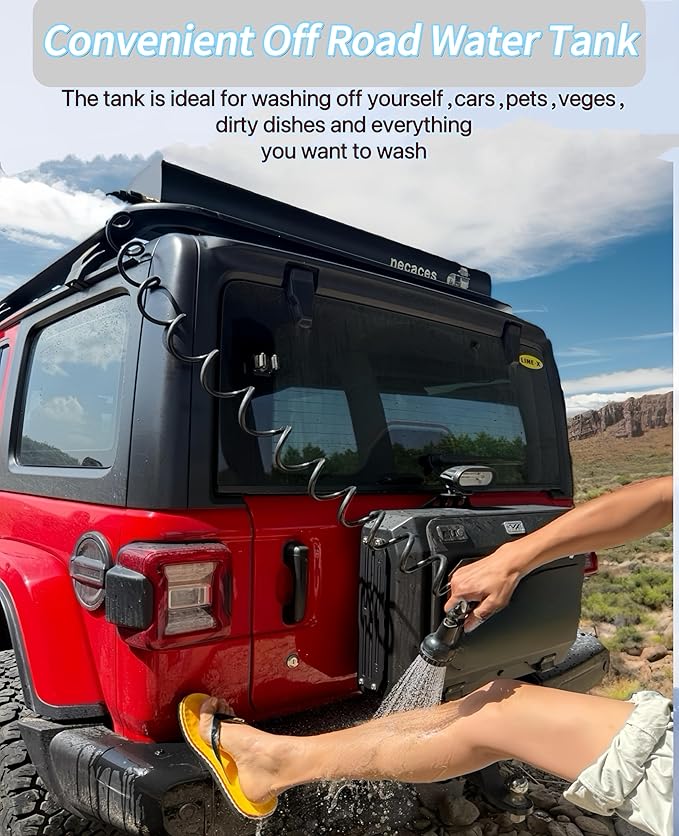 4.5-9 Gallon Pressurized Water Tank,Portable Aluminum Camping Shower Water Storage with Spray Hose for Overland Off-Road Vehicles, Pick-up Trucks,Outdoor Activities Water Supply.