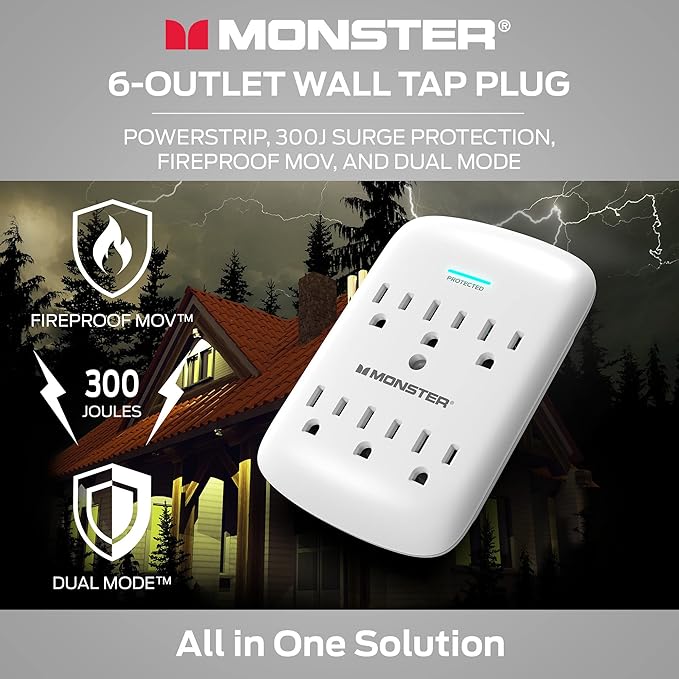 Monster 5000W Surge Protector Power Strip, 6 Outlets, 120V, 300 Joules Surge Protection, Safe, Reliable Outlet Extender, White