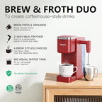 Tastyle Single Serve Coffee Maker with Built-in Detachable Milk Frother, Iced and Hot Coffee Machine for K Cup & Grounds, 40oz Removable Water Reservoir, 6 Cup Sizes, Fits 7.3" Travel Mug, Red