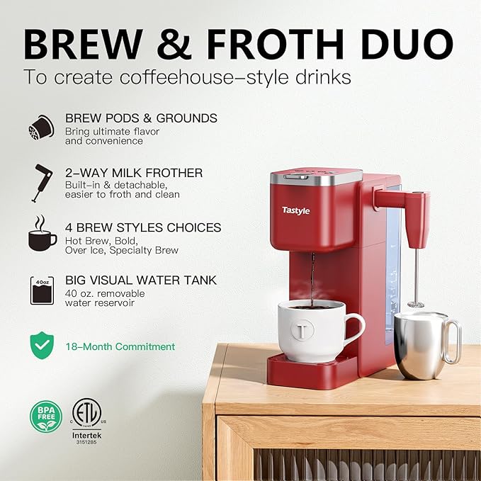 Tastyle Single Serve Coffee Maker with Built-in Detachable Milk Frother, Iced and Hot Coffee Machine for K Cup & Grounds, 40oz Removable Water Reservoir, 6 Cup Sizes, Fits 7.3" Travel Mug, Red