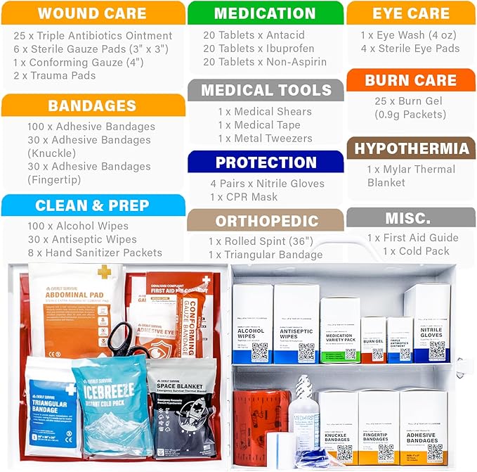 EVERLIT CARE 2-Shelf OSHA-Compliant First Aid Kit, ANSI Class A 50 Person Emergency First Aid Cabinet for Buiness, Job Site, Industrial Manufacturing Facility, Restaurant, and Kitchen