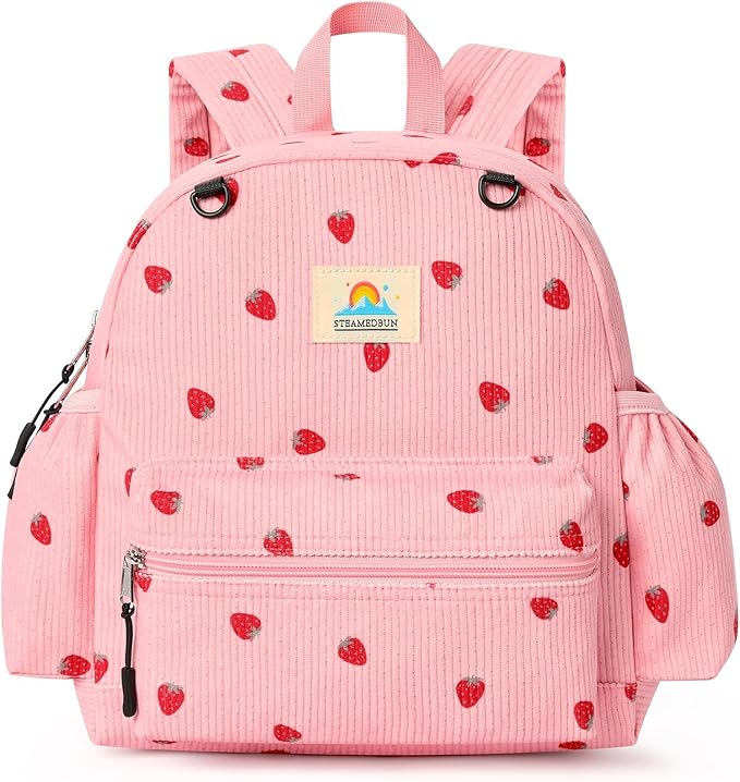 STEAMEDBUN Corduroy Toddler Backpack for Girls 2-4: Kids backpack for Boys Girls - 12 inch Preschool Kindergarten Backpacks - Strawberry