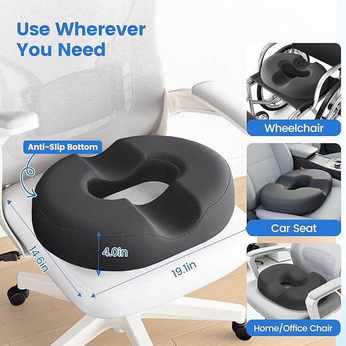 Donut Pillow for Tailbone Pain, Hemorrhoids - Cooling Gel Memory Foam Chair Seat Cushion for Office, Home & Wheelchair, Ergonomic Chair Pad for Pregnancy, Sciatica, Coccyx (XXL, Grey)