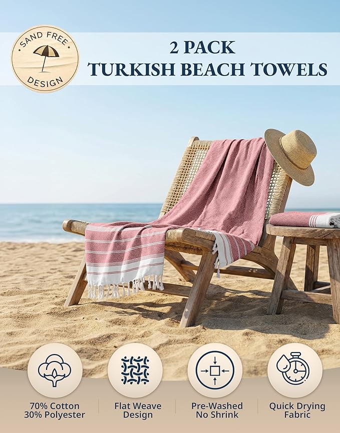 LANE LINEN Turkish Beach Towel 2 Pack, Oversized Beach Towel 39"x71", Lightweight Beach Essentials for Women, Large Pool Towel, Absorbent & Quick Dry, Sand Free Beach Towel - Hibiscus