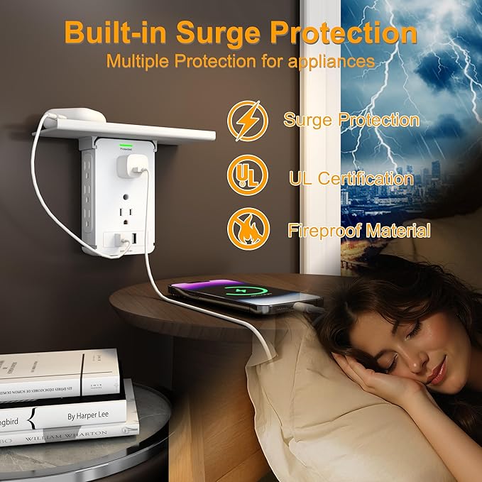 Socket Wall Shelf-CFMASTER 10 Port Surge Protector Wall Outlet, 8 Electrical Outlet Extenders and 2 USB Ports 2.4A, with Removable Built-In Shelf, FCC Listed (1, White)