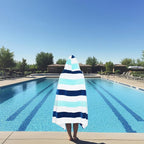 COTTON CRAFT Hooded Beach Towel – Oversized 35 x 70 Towel with Hood for Adults - 100% Cotton Velour Terry Towel - Pool Bath Wrap - Super Soft Plush Absorbent Quick Dry – 630 GSM – Cabana Stripe Blue