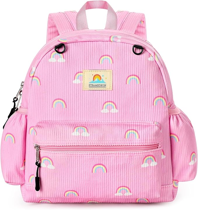 STEAMEDBUN Corduroy Toddler Backpack for Girls 2-4: Kids backpack for Girls - 12 inch Preschool Kindergarten Backpacks - Rainbow