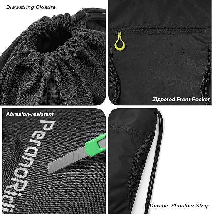 Waterproof Sackpack Drawstring Backpack for Men/Women, Lightweight Sports Bag Holds Shoes for Gym, Beach, Swim, Hiking, Running & Cycling, Anti-Stain with Quick-Access Mesh Pocket, Black