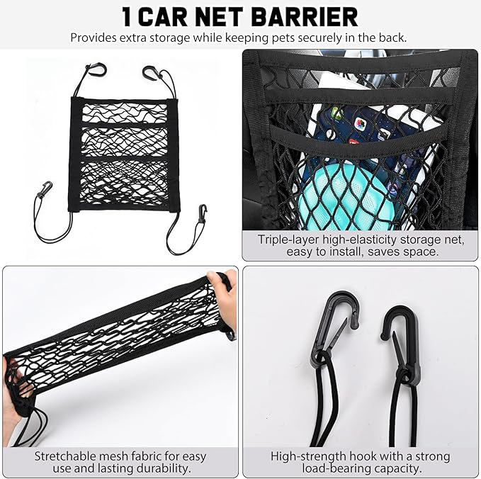 Dog Car Travel Kit – 9 in 1 Gift Set with 2 Pet Seat Belts, Car Net Barrier, 3 Pet Hair Remover, Collapsible Water Bowl & 2 Headrest Hooks – Dog Travel Essentials for Sedan SUV & Truck Vehicle