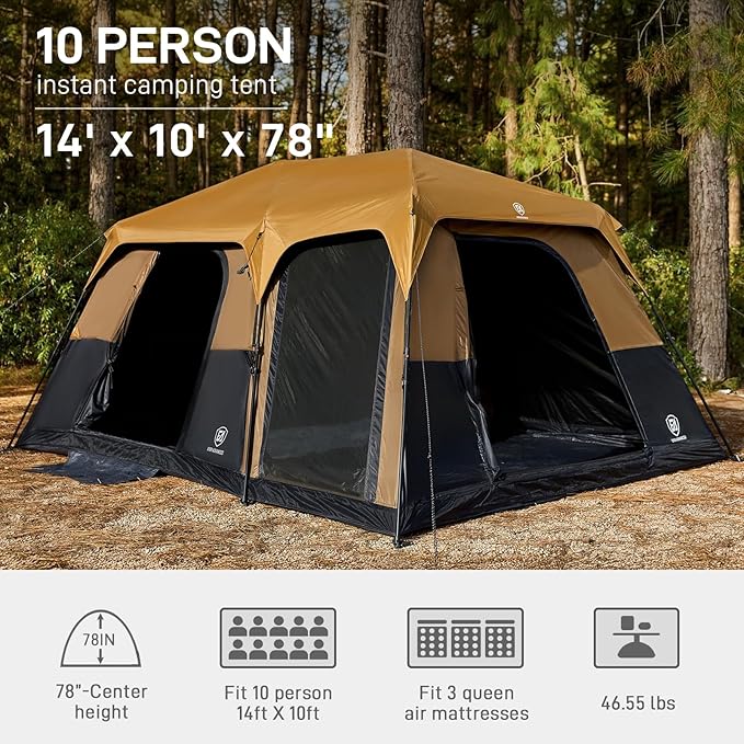 EVER ADVANCED 10 Person Camping Blackout Design Tent, Multi Room Tent for Family, Large Tents with Rainfly and Carry Bag, 2 Doors, Water-Resistant, 14ft x 10ft x 84in